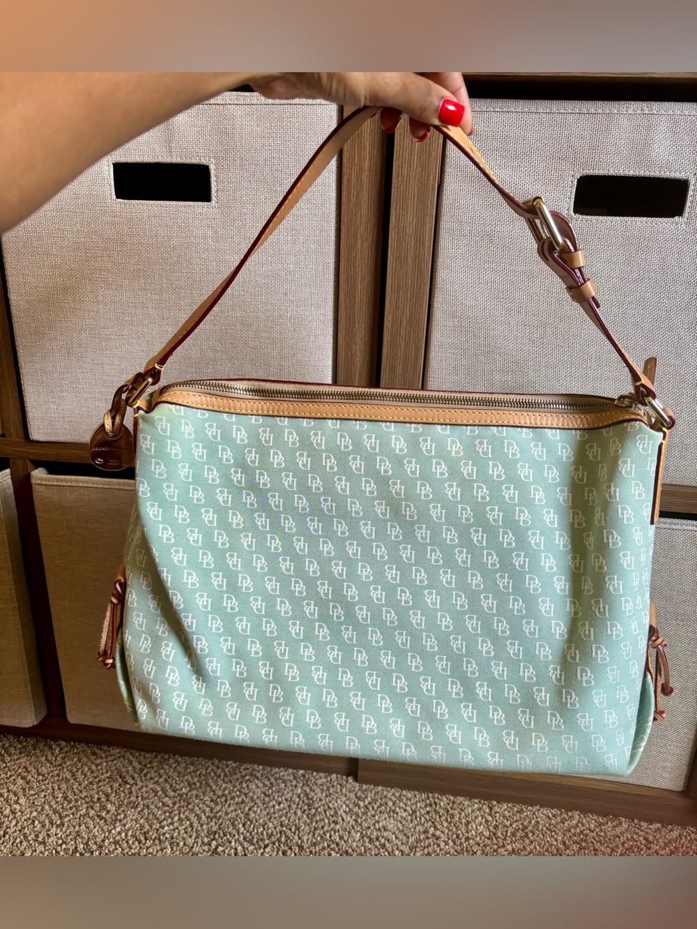Vintage Y2K Dooney & Bourke Mint Logo Jacquard Canvas Shoulder Bag with Charm